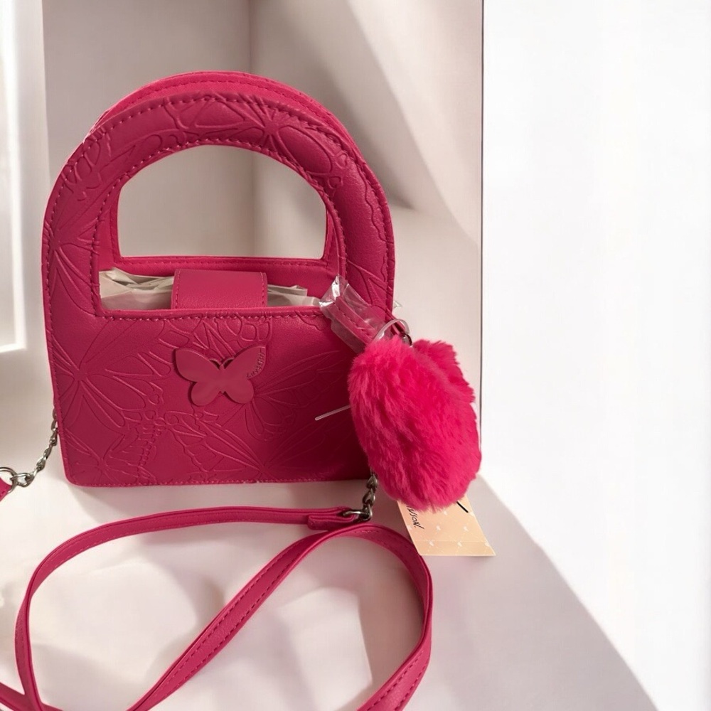 Betsey Johnson Pink Embossed mini Tote/Handbag with Heart Furry Charm NWT